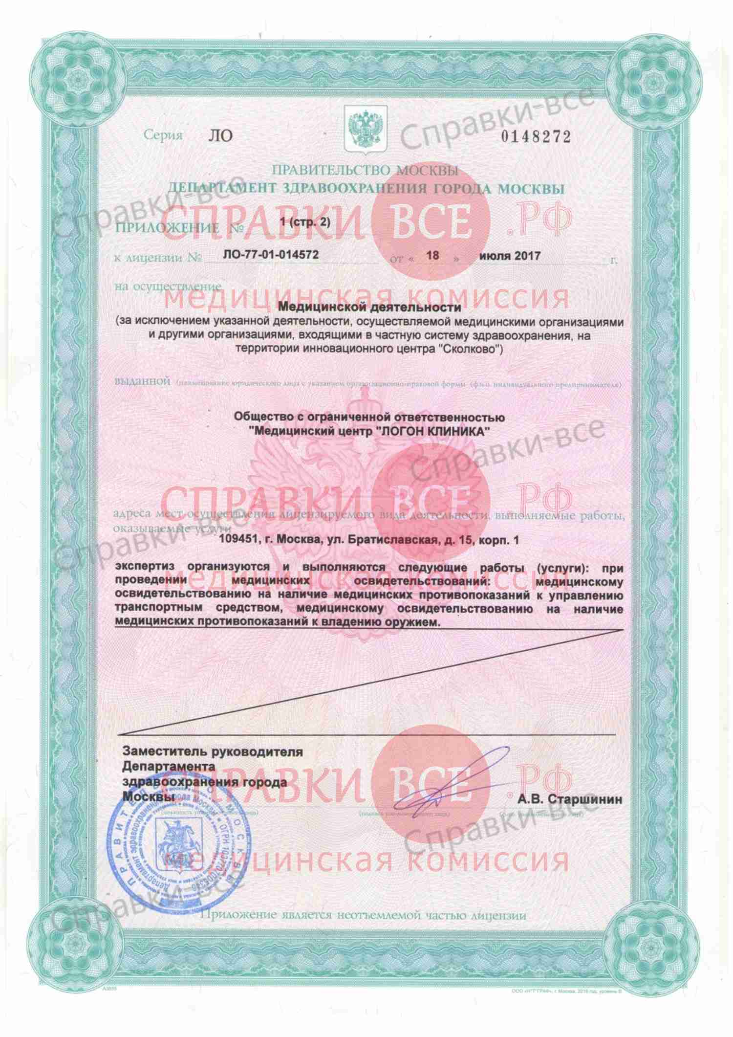 Лицензия медицинской комиссии на Братиславской 1
